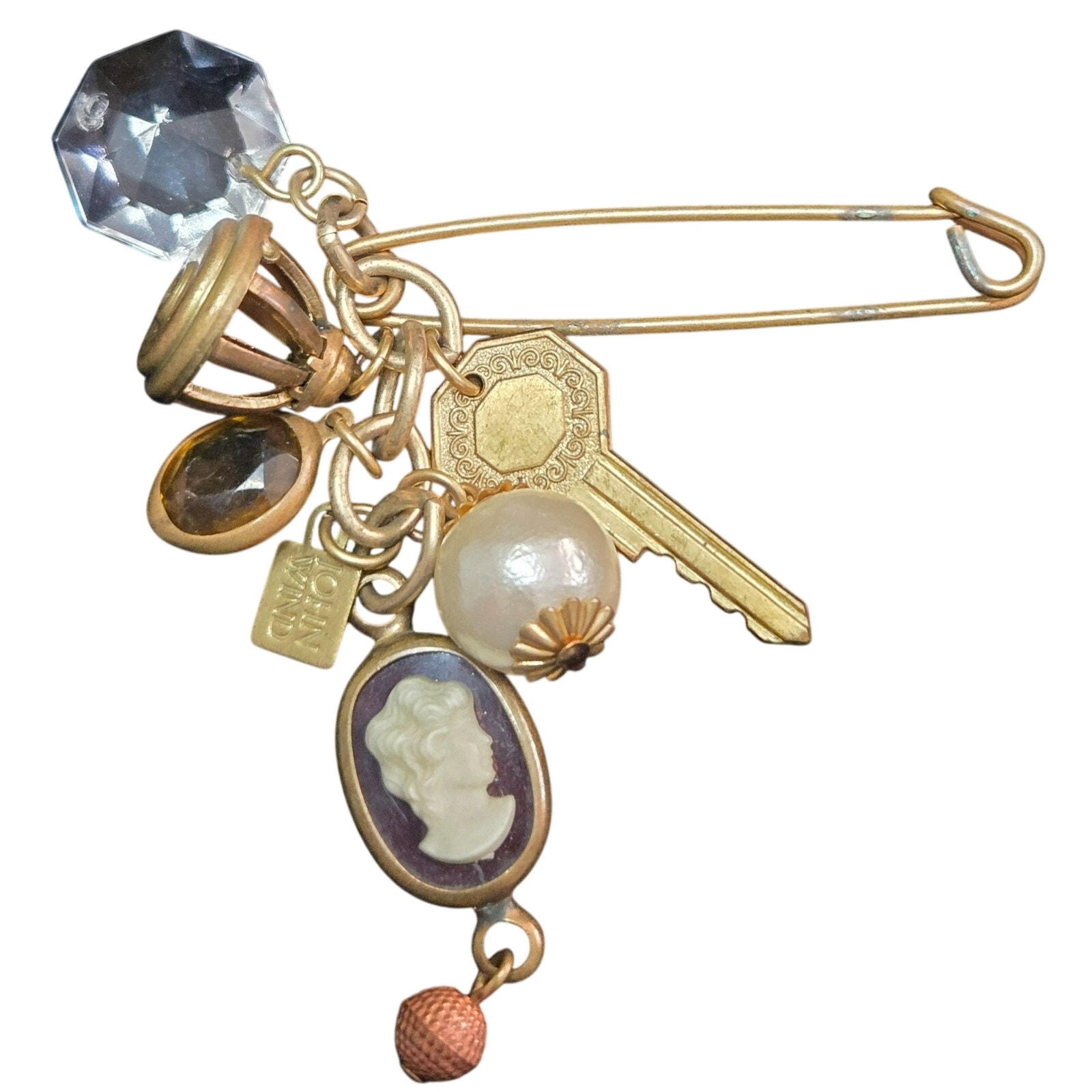 Vintage John Wind Safety Pin Brooch With Key, Cameo, Faux Pearl Charms — image 2 of 4